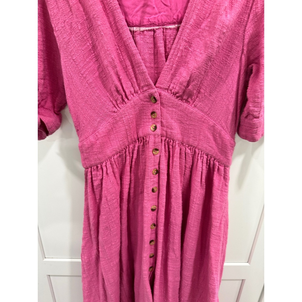 Free People Pink Cotton Button Down V-Neck Midi Dress Womens XS Tie Sleeve Boho - Picture 2 of 6